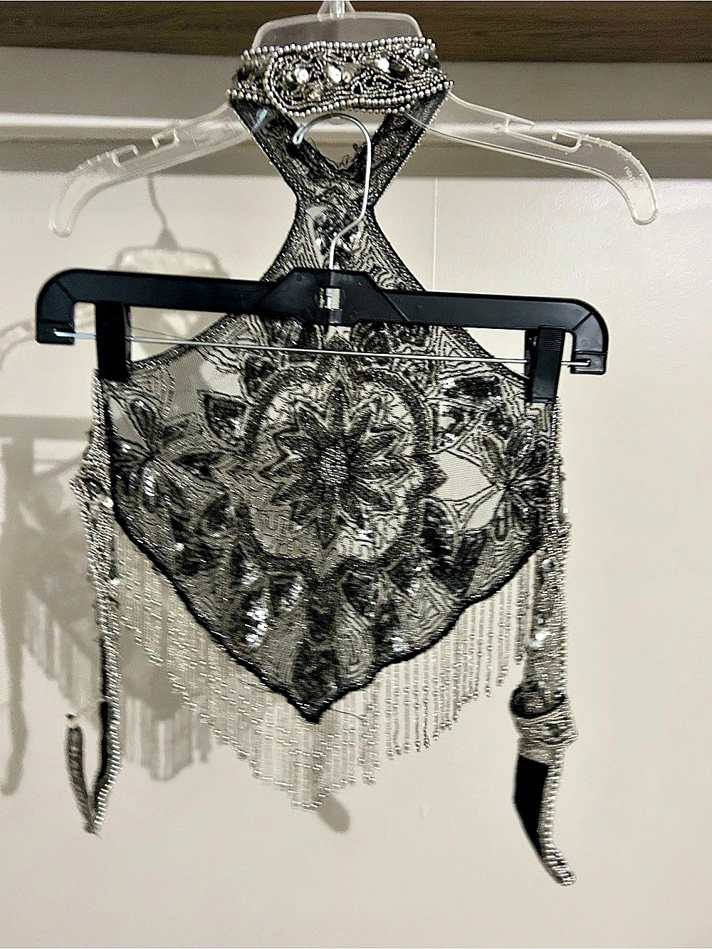 Hot Topics Beaded Floral Fringe Halter Crop Top in Black & Silver NWT